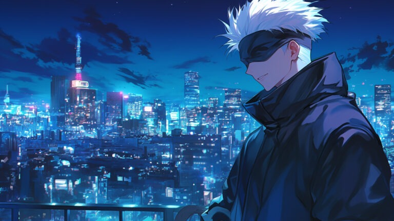 Gojo Satoru from Jujutsu Kaisen overlooking a brightly lit cityscape at night.