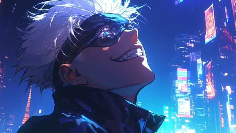 Gojo Satoru from Jujutsu Kaisen smiling with a bright cityscape in the background