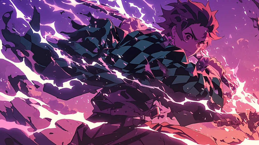 Tanjiro Kamado in a dynamic pose with purple and pink energy effects